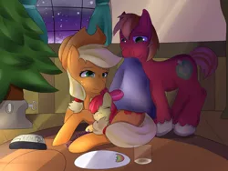 Size: 1200x900 | Tagged: safe, artist:wolfbaloo, derpibooru import, apple bloom, applejack, big macintosh, earth pony, pony, apple siblings, blanket, christmas tree, male, prone, sleeping, snuggling, stallion, tree