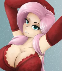 Size: 997x1139 | Tagged: armpits, artist:ninjapony, bra, breasts, busty fluttershy, cleavage, clothes, derpibooru import, evening gloves, female, fluttershy, human, humanized, solo, solo female, suggestive, underwear
