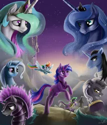 Size: 3456x4032 | Tagged: safe, artist:silfoe, derpibooru import, princess celestia, princess luna, rainbow dash, spike, trixie, twilight sparkle, oc, pony, unicorn, armor, canterlot, commission, fanfic art, female, flying, frown, glare, gritted teeth, mare, nose wrinkle, open mouth, running, sad, smiling, spread wings, underhoof