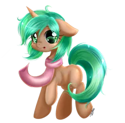 Size: 899x889 | Tagged: safe, artist:mrsremi, derpibooru import, oc, unofficial characters only, pony, unicorn, :o, blank flank, clothes, commission, cute, female, floppy ears, green mane, looking at you, mare, raised hoof, scarf, simple background, solo, sparkly eyes, transparent background