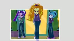 Size: 1280x720 | Tagged: safe, derpibooru import, edit, edited screencap, screencap, adagio dazzle, aria blaze, sonata dusk, equestria girls, rainbow rocks, clothes, diner, gem, hoodie, jeans, jewelry, necklace, outdoors, pants, pendant, shoes, siren gem, sneakers, the dazzlings, wind