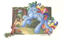 Size: 742x475 | Tagged: artist:aubergine, dancing, derpibooru import, faun, flute, forest, g1, moonstone, mushroom, musical instrument, night, safe, underhoof