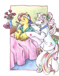 Size: 580x741 | Tagged: safe, artist:aubergine, derpibooru import, tex, oc, pegasus, pony, bed, big brother ponies, blushing, candy, canon x oc, flower, g1, nurse, tail bow, thermometer, traditional art, unshorn fetlocks, valentine's day