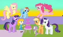 Size: 3005x1797 | Tagged: safe, artist:04startyonlinebc88, derpibooru import, applejack, fluttershy, pinkie pie, rainbow dash, rarity, spike, twilight sparkle, twilight sparkle (alicorn), alicorn, pony, best friends, cake, crossover, female, fiona, fiona munson, kid vs kat, mare, party