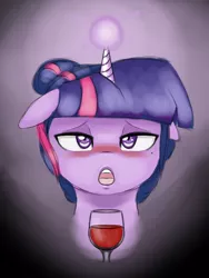 Size: 600x800 | Tagged: alcohol, alternate hairstyle, artist:hot headed clover, beauty mark, bedroom eyes, blushing, bust, derpibooru import, drunk, drunk twilight, female, floppy ears, looking at you, magic, :o, open mouth, solo, solo female, suggestive, telekinesis, twilight sparkle, wine, wine glass