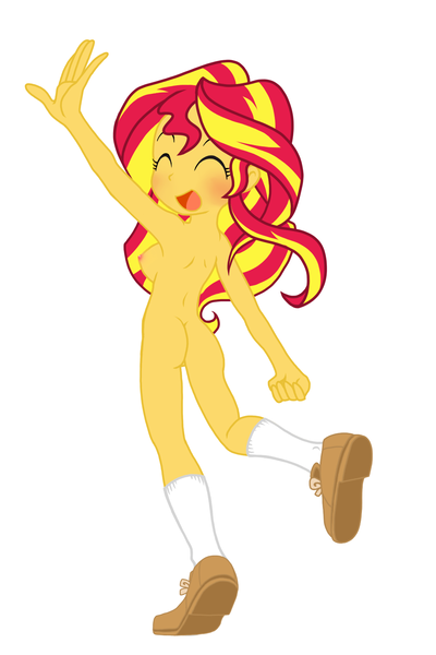 Size: 1100x1650 | Tagged: questionable, artist:zat, derpibooru import, sunset shimmer, equestria girls, ass, breasts, bunset shimmer, butt, casual nudity, clothes, female, nipples, nudity, practitioner of naturism, shoes, shoes only, socks, solo, solo female, tube socks