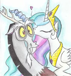 Size: 693x738 | Tagged: safe, artist:islamilenaria, derpibooru import, discord, princess celestia, confused, dislestia, eyes closed, female, heart, kiss on the cheek, kissing, male, one sided shipping, shipping, straight, traditional art, wide eyes