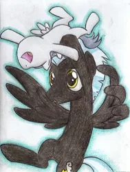 Size: 610x807 | Tagged: safe, artist:islamilenaria, derpibooru import, rumble, thunderlane, pegasus, pony, brothers, colt, cute, flying, male, playing, rumblebetes, simple background, stallion, traditional art, white background