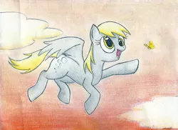 Size: 958x698 | Tagged: safe, artist:islamilenaria, derpibooru import, derpy hooves, butterfly, pegasus, pony, female, flying, mare, sky, solo, traditional art
