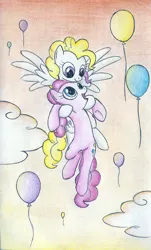 Size: 890x1472 | Tagged: safe, artist:islamilenaria, derpibooru import, pinkie pie, surprise, earth pony, pegasus, pony, balloon, both cutie marks, cloud, duo, flying, looking at each other, smiling, spread wings, traditional art, wings