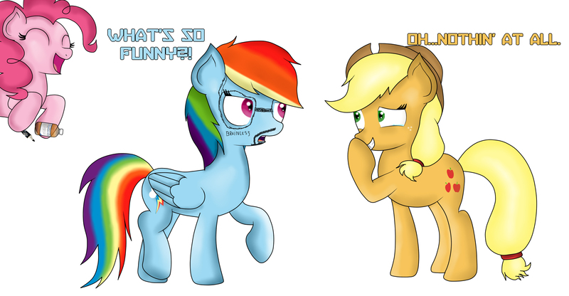 Size: 2500x1300 | Tagged: applejack, artist:frozenbat, derpibooru import, pinkie pie, prank, rainbow dash, safe