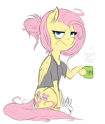 Size: 1700x2000 | Tagged: safe, artist:evehly, derpibooru import, fluttershy, pegasus, pony, bags under eyes, bed mane, bunny slippers, clothes, coffee, female, glare, grumpy, mare, messy mane, morning ponies, mug, shirt, simple background, slippers, solo, white background, yay