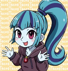Size: 1900x2000 | Tagged: safe, artist:nazonazopowerfu, derpibooru import, sonata dusk, equestria girls, rainbow rocks, blushing, clothes, cute, female, hoodie, looking at you, one word, open mouth, pixiv, solo, sonatabetes, sweater, that girl sure loves tacos