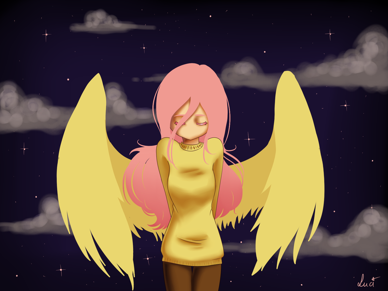 Size: 1600x1200 | Tagged: artist:lantaniel, clothes, derpibooru import, fluttershy, human, humanized, safe, solo, sweatershy, winged humanization