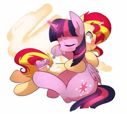 Size: 1167x1045 | Tagged: suggestive, artist:maren, derpibooru import, sunset shimmer, twilight sparkle, twilight sparkle (alicorn), alicorn, pony, unicorn, blushing, female, hug, lesbian, magic, shipping, spoon, sunsetsparkle, tongue out, whipped cream