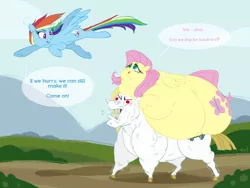 Size: 2500x1882 | Tagged: artist:mellowhen, bulk biceps, carrying, derpibooru import, dialogue, fat, fattershy, fluttershy, lifting, morbidly obese, obese, rainbow dash, safe