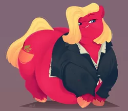 Size: 800x698 | Tagged: safe, artist:mellowhen, derpibooru import, oc, oc:raspberry tart, unofficial characters only, earth pony, pony, fallout equestria, fallout equestria: anywhere but here, clothes, cutie mark, double chin, dress shirt, fanfic art, fat, female, large belly, large butt, morbidly obese, obese, sassy, smirk, smug, solo, thighs, thunder thighs, tight clothing