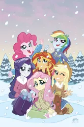 Size: 755x1147 | Tagged: safe, artist:tonyfleecs, derpibooru import, applejack, fluttershy, pinkie pie, rainbow dash, rarity, sunset shimmer, equestria girls, boots, clothes, cowboy boots, cowboy hat, cute, denim skirt, freckles, grin, hat, high heel boots, humane six, jacket, leather jacket, mane six, mane six opening poses, one eye closed, shoes, sitting, skirt, smirk, snow, snowfall, stetson, sweater, sweatershy, tracksuit, wink, winter