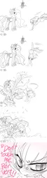 Size: 800x3000 | Tagged: safe, artist:ficficponyfic, artist:reavz, derpibooru import, edit, princess celestia, oc, oc:blazing saddles, ask blazing saddles, blushing, collaboration, dialogue, kick, mistletoe, monochrome, tsundere