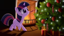 Size: 4000x2250 | Tagged: absurd resolution, artist:galekz, candy, christmas, christmas tree, cute, derpibooru import, filly, filly twilight sparkle, fireplace, safe, solo, tree, twilight sparkle
