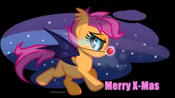 Size: 1024x575 | Tagged: safe, artist:wicklesmack, derpibooru import, scootaloo, bat pony, pony, bat ponified, race swap, red nose, scootabat, solo, student of the night