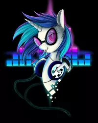 Size: 3193x4000 | Tagged: safe, artist:longinius, derpibooru import, vinyl scratch, pony, unicorn, female, headphones, horn, mare, mouth hold, portrait, smiling, solo, sunglasses, teeth