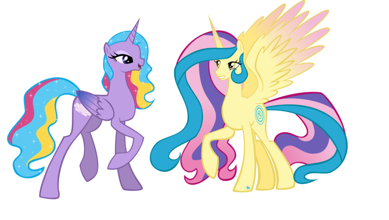 Size: 6208x3522 | Tagged: safe, artist:xebck, derpibooru import, princess gold lily, princess sterling, alicorn, pony, absurd resolution, colored wings, duo, female, gradient wings, mare, raised hoof, simple background, spread wings, transparent background, wings