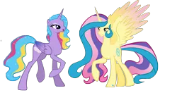 Size: 6208x3522 | Tagged: safe, artist:xebck, derpibooru import, princess gold lily, princess sterling, alicorn, pony, absurd resolution, colored wings, duo, female, gradient wings, mare, raised hoof, simple background, spread wings, transparent background, wings
