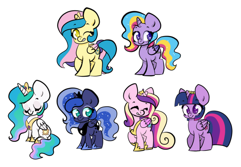 Size: 1280x887 | Tagged: safe, artist:purrling, derpibooru import, princess cadance, princess celestia, princess gold lily, princess luna, princess sterling, twilight sparkle, alicorn, alicorn hexarchy, alicorn tetrarchy, chibi, png, twilight sparkle (alicorn)