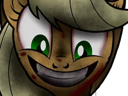 Size: 2048x1536 | Tagged: applejack, artist:birdivizer, blood, bloodshot eyes, crazy face, derpibooru import, faic, fanfic, fanfic art, insanity, semi-grimdark, slasher smile, snapplejack, solo, yandere, yanderejack