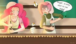 Size: 1024x596 | Tagged: safe, artist:nicoleehret, derpibooru import, angel bunny, fluttershy, pinkie pie, human, cooking, humanized