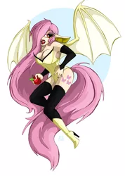 Size: 711x1000 | Tagged: artist:lillykitten, breasts, burlesque, busty fluttershy, derpibooru import, eared humanization, female, flutterbat, fluttershy, human, humanized, pinup, solo, suggestive, tailed humanization, winged humanization