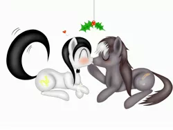 Size: 3264x2448 | Tagged: artist:thepianistmare, blushing, derpibooru import, holly, holly mistaken for mistletoe, kissing, oc, oc:klavinova, oc:quill, safe, unofficial characters only