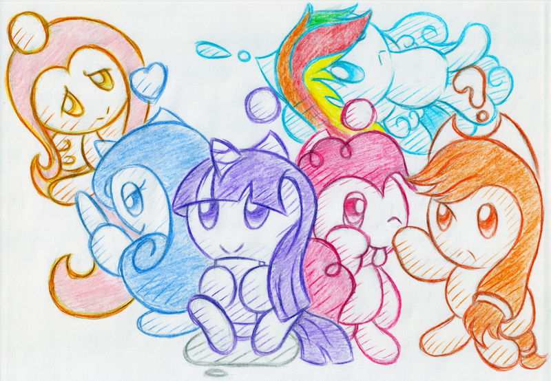 Size: 2266x1570 | Tagged: applejack, artist:kannatc, chao, crossover, derpibooru import, exclamation point, fluttershy, heart, mane six, pinkie pie, question mark, rainbow dash, rarity, safe, sonic adventure, sonic the hedgehog (series), species swap, traditional art, twilight sparkle, update