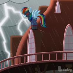 Size: 1200x1200 | Tagged: artist:bootsyslickmane, clothes, cloud, cloudy, costume, dark spectrum, derpibooru import, fanfic, fanfic art, gimp, lightning, rain, rainbow dash, safe, storm, town hall