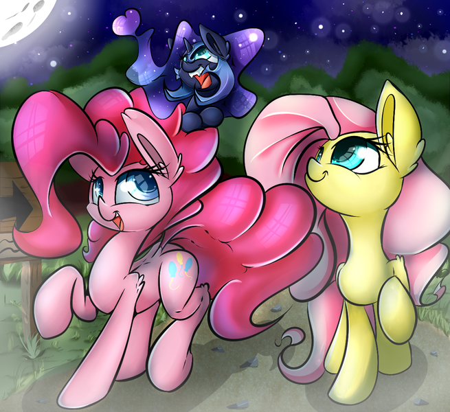 Size: 1200x1100 | Tagged: artist:madacon, cute, derpibooru import, filly, fluttershy, forest, moon, nightmare moon, nightmare woon, pinkie pie, safe