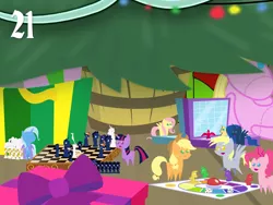 Size: 1024x768 | Tagged: safe, artist:bronybyexception, derpibooru import, applejack, derpy hooves, fluttershy, pinkie pie, princess luna, trixie, twilight sparkle, pegasus, pony, advent calendar, battleship, chess, chessboard incorrectly oriented, christmas, christmas presents, christmas tree, doll, female, games, ludo, mare, present, toy, tree
