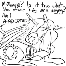 Size: 1280x1280 | Tagged: adopted offspring, artist:nobody, comforting, cuddling, cute, derpibooru import, eyes closed, feels, frown, human, kid anon, momlestia, monochrome, mother and son, nuzzling, oc, oc:anon, parent:princess celestia, princess celestia, prone, sad, safe, smiling, snuggling, spread wings, wavy mouth, you're adopted