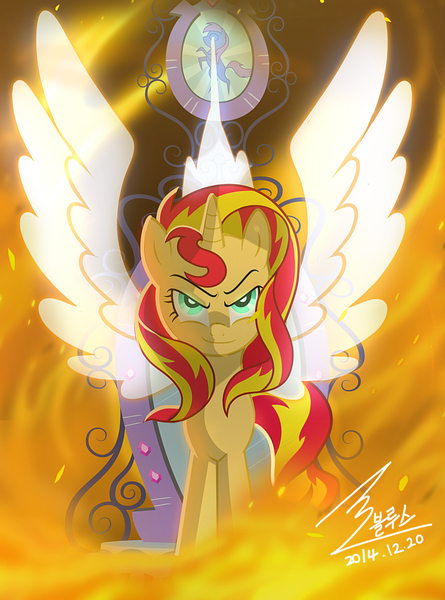 Size: 2267x3056 | Tagged: safe, artist:bluse, derpibooru import, idw, sunset shimmer, alicorn, pony, unicorn, spoiler:comic, crown, female, fiery shimmer, fire, magic mirror, scene interpretation, show accurate, solo, wings