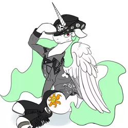 Size: 598x601 | Tagged: artist:an everfree rat, bedroom eyes, chaps, clothes, derpibooru import, eyeshadow, floppy ears, hat, horseshoes, jacket, looking at you, makeup, metalestia, princess celestia, safe, scene kid, solo, southern metal