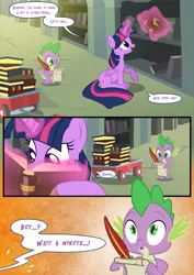 Size: 3500x4951 | Tagged: safe, artist:light e7fe, artist:light262, derpibooru import, spike, twilight sparkle, twilight sparkle (alicorn), alicorn, pony, comic:timey wimey, journal of the two sisters, book, comic, female, mare