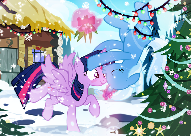 Size: 900x642 | Tagged: safe, artist:pixelkitties, derpibooru import, trixie, twilight sparkle, twilight sparkle (alicorn), alicorn, pony, blushing, christmas lights, christmas tree, cute, daaaaaaaaaaaw, female, forehead kiss, hanging, kiss mark, lesbian, levitation, magic, mare, mistletoe, raised hoof, scrunchy face, shipping, snow, tangled up, tree, twixie, upside down, wink