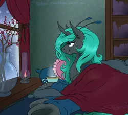Size: 1509x1360 | Tagged: artist:phathusa, bed, changeling, cute, derpibooru import, fluffy, hot chocolate, oc, oc:holometa, parent:queen chrysalis, quadrupedal, safe, side, smiling, snow, snowfall, solo, :t, underhoof, unofficial characters only, window, winter