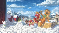 Size: 1920x1080 | Tagged: safe, artist:assasinmonkey, derpibooru import, apple bloom, applejack, big macintosh, granny smith, winona, earth pony, pony, barn, male, scared, scenery, scenery porn, snow, snowball, snowball fight, stallion, wallpaper