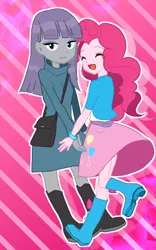 Size: 500x800 | Tagged: safe, artist:weiliy, derpibooru import, maud pie, pinkie pie, equestria girls, boots, bracelet, clothes, eyes closed, female, high heel boots, jewelry, pixiv, purse, sisters, skirt, smiling