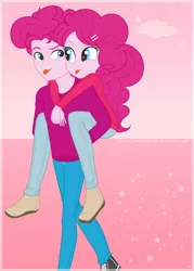 Size: 1024x1428 | Tagged: dead source, safe, artist:jaquelindreamz, derpibooru import, pinkie pie, equestria girls, bubble berry, bubblepie, equestria guys, female, male, piggyback ride, rule 63, self ponidox, selfcest, shipping, straight, tongue out