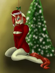 Size: 1200x1600 | Tagged: anthro, anthro oc, artist:adalbertus, blushing, breasts, clothes, derpibooru import, holly, holly mistaken for mistletoe, keyhole turtleneck, oc, oc:amber drop, open-chest sweater, solo, suggestive, sweater, turtleneck, unofficial characters only