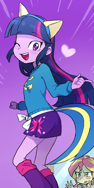 Size: 500x1000 | Tagged: safe, artist:baekgup, derpibooru import, sunset shimmer, twilight sparkle, equestria girls, animal ears, blushing, boots, clothes, cute, eyes closed, fake tail, female, glass, heart, heart eyes, implied lesbian, implied shipping, implied sunsetsparkle, leg warmers, one eye closed, open mouth, pony ears, shoes, skirt, sweater, wingding eyes, wink, wondercolts