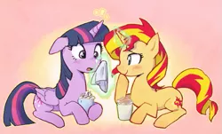 Size: 637x385 | Tagged: safe, artist:baekgup, derpibooru import, sunset shimmer, twilight sparkle, twilight sparkle (alicorn), alicorn, pony, unicorn, blushing, coffee mug, female, floppy ears, laughing, lesbian, levitation, magic, messy, mug, open mouth, shipping, sunsetsparkle, whipped cream