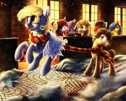 Size: 1280x1024 | Tagged: safe, artist:chryseum, derpibooru import, derpy hooves, doctor whooves, time turner, pegasus, pony, clothes, doctorderpy, female, floppy ears, flying, male, mare, scarf, scrunchy face, shared clothing, shared scarf, shipping, smiling, snow, snowfall, straight, winter
